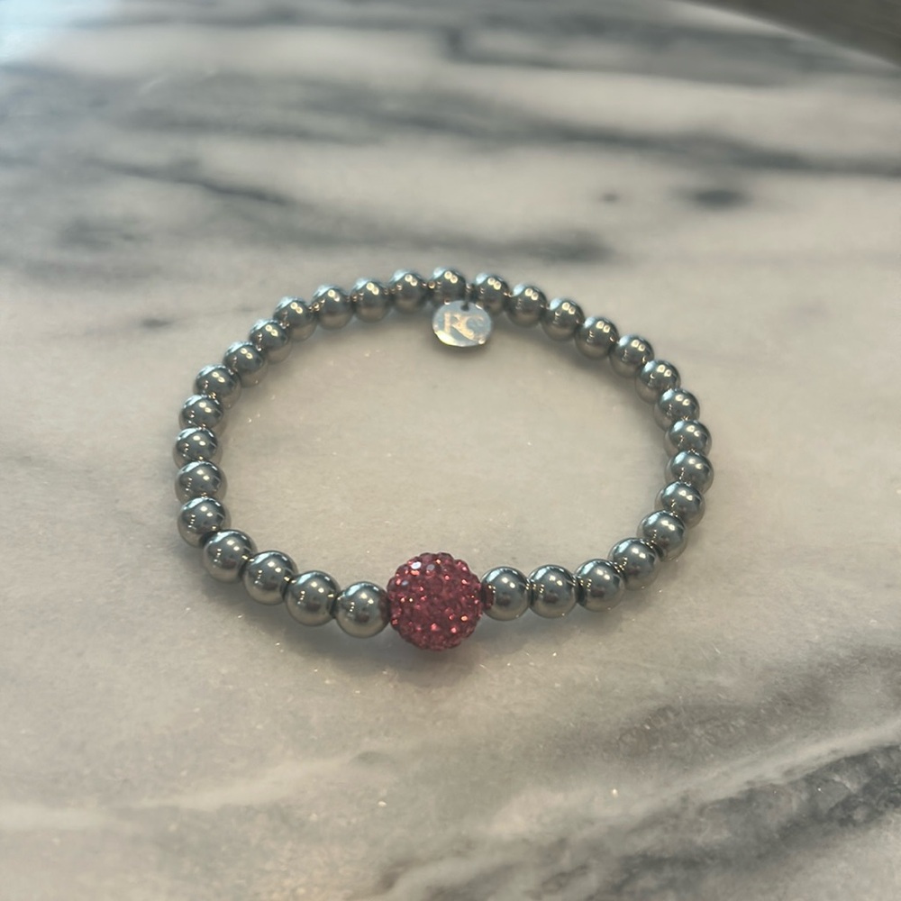 Rustic Cuff Silver Beaded Bracelet with Pink Crystal Accent
